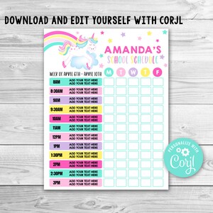 Unicorn Homeschool Schedule, Unicorn Daily Routine, Kids Daily Schedule Unicorn Chore Chart Kids Routine Unicorn Weekly Home School Planner