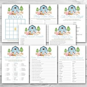 Blue Farm Baby Shower Game Package, 8 Printable Boy Farm Animals Baby Shower Games Party Pack, Printable Baby Shower Games Bundle  0227
