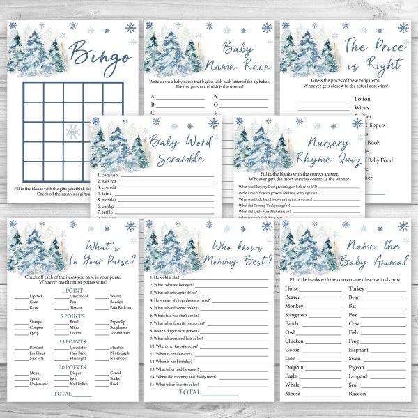 Winter Baby Shower Game Package, 8 Printable Winter Baby Shower Games Party Pack, Gender Neutral Christmas Baby Shower Games Bundle