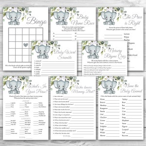 Gender Neutral Elephant Baby Shower Game Package, 8 Printable Elephant Baby Shower Games Party Pack, Printable Baby Shower Games Bundle 0102
