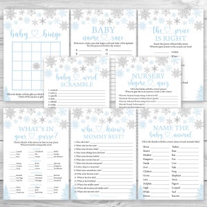 Pakiet gier na baby shower dla chłopców w płatkach śniegu, 8 gier na baby shower do wydrukowania w zimie, pakiet gier na baby shower w niebieskie płatki śniegu 0188
