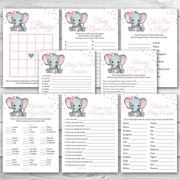 Pink Elephant Baby Shower Game Package 8 Printable Elephant Baby Shower Games Party Pack Girl Elephant Baby Shower Games Bundle 0166