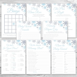 May include: A set of printable baby shower games with a winter snowflake theme. The games include Bingo, Baby Name Race, Baby Word Scramble, Nursery Rhyme Quiz, What's in Your Purse, Who Knows Mommy Best, and Name the Baby Animal.