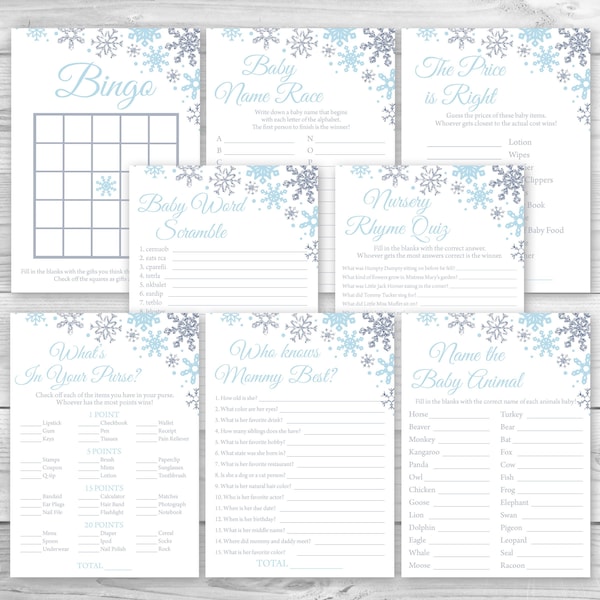 Snowflake Baby Shower Game Package, 8 Printable Winter Baby Shower Games Party Pack, Blue and Silver Snowflake Baby Shower Games Bundle 0103