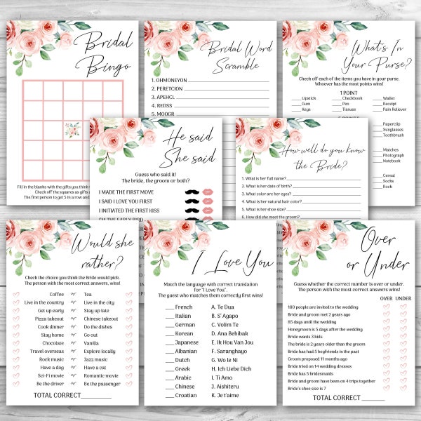 Blush Floral Bridal Shower Game Bundle Pink Floral Bridal Shower Game Package 8 Printable Pink Flowers Bridal Shower Games Pack 0127