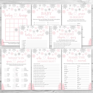 Pakiet gier na baby shower dla dziewczynek w płatkach śniegu, 8 gier na baby shower do wydrukowania w zimie, pakiet gier na baby shower w różowe płatki śniegu 0187