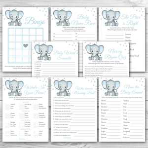 Blue Elephant Baby Shower Game Package, 8 Printable Elephant Baby Shower Games Party Pack, Printable Baby Shower Games Bundle 0166