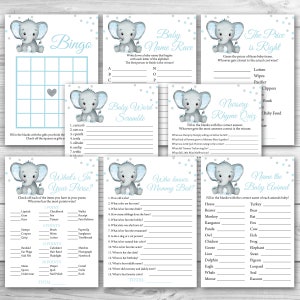 Paquete de juegos para baby shower con elefante azul, paquete de 8 juegos para baby shower con elefantes imprimibles, paquete de juegos para baby shower imprimibles 0166