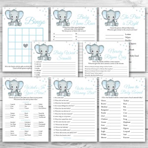 Blue Elephant Baby Shower Game Package, 8 Printable Elephant Baby Shower Games Party Pack, Printable Baby Shower Games Bundle 0166