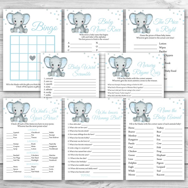 Paquete de juegos de baby shower de elefante azul, paquete de fiesta de 8 juegos de baby shower de elefante imprimible, paquete de juegos de baby shower imprimible 0166