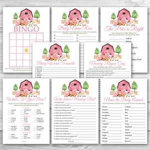 Pink Farm Baby Shower Game Package, 8 Printable Girl Farm Animals Baby Shower Games Party Pack, Printable Baby Shower Games Bundle  0106