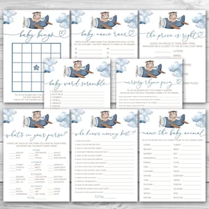 Airplane Bear Baby Shower Game Package, 8 Printable Bear on a Plane Baby Shower Games Party Pack, Boy Bear Baby Shower Games Bundle 0209