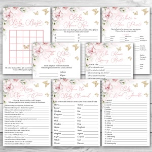 Vlinder baby shower spelpakket, 8 afdrukbare Blush Gold baby shower spellenpakket, Butterfly baby shower spellenbundel Butterfly Kisses 0162