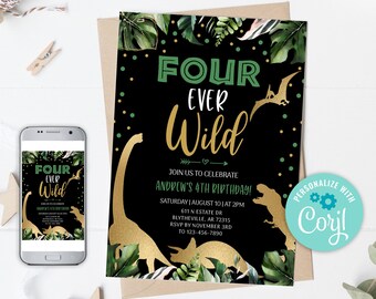 EDITABLE Four Ever Wild Birthday Invitation, Dinosaur Birthday Invitation, Dino Birthday Invite Gold Fourever Dinosaur Invitation 0208