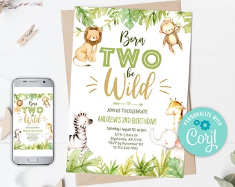 Editable Two Wild Birthday Invitation, Safari Jungle Animals (Digital)