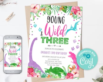 EDITABLE Young Wild and Three Birthday Invitation, Girl Dinosaur Birthday Invitation, Dino Birthday Invite, Pink Dinosaur Invitation 0207