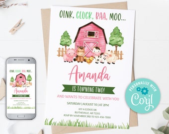 Editable Farm Birthday Invitation. Pink Farm Animals Birthday Invite, Girl Barnyard Birthday, Girl Farm Invitations 0106