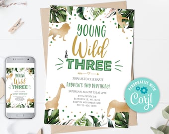 EDITABLE Young Wild and Three Birthday Invitation, Safari Party Invitation, Jungle Animal invitations, Gold Jungle Birthday Invitation, 0101