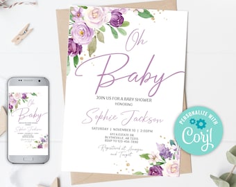 Purple Floral Baby Shower Invitation, Editable Template