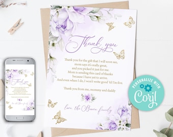 Gooji Confezione multipla di biglietti di ringraziamento a forma di farfalla viola con buste, confezione da 20 buste staccabili e sigillanti, festa di compleanno, baby shower, addio al nubilato