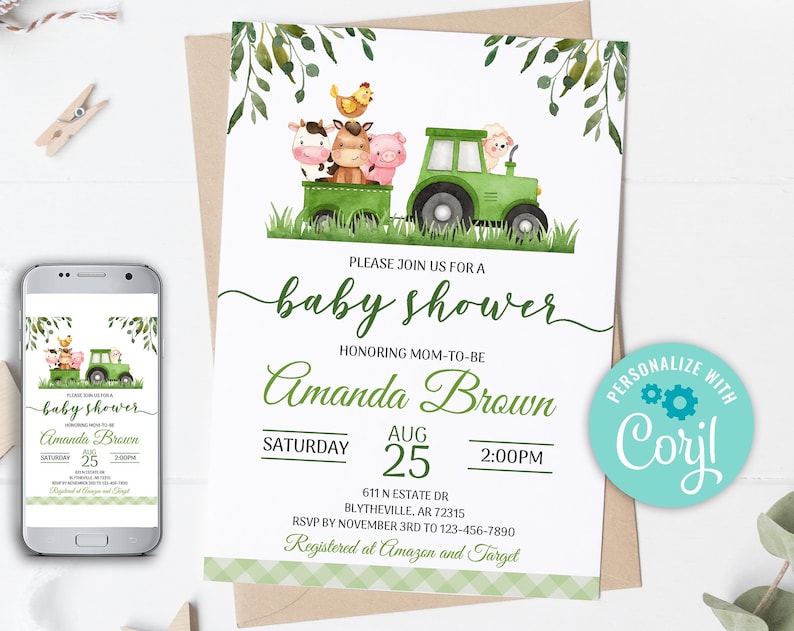 Editable Farm Baby Shower Invitation Green Tractor Baby Shower Invite Green Barnyard Baby Shower Invitations Farm Tractor