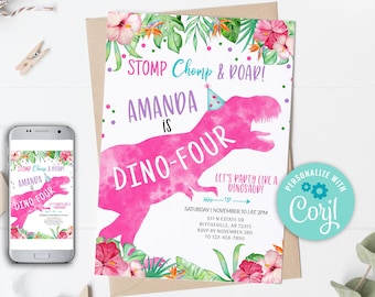 EDITABLE Dino-Four Dinosaur Birthday Invitation Girl Dino T-Rex Invitation Fourth Birthday Dino Invite Pink Dinosaur Party Invitation 0237