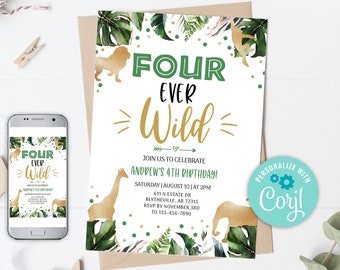 Invitación de cumpleaños de Four Ever Wild, animales de la selva de safari (plantilla editable)