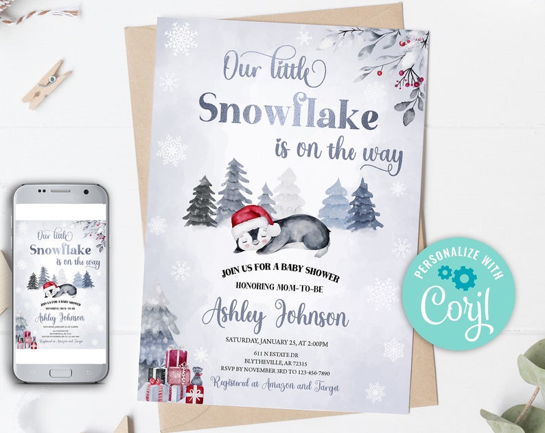 Editable Little Snowflake Is On The Way Invitation Penguin Baby Shower Invitation Winter Wonderland Baby Shower Gender