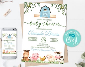 Editable Farm Baby Shower Invitation Blue Farm Animals Baby Shower Invite Boy Barnyard Baby Shower Blue Boy Farm Invitations 0227