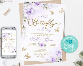 Edytowalne Fioletowe Złote Motyle Zaproszenie na Baby Shower Lawendowe Buziaki Motyla i Życzenia dla Dziecka Zaproszenie na Baby Shower Posypka 0164