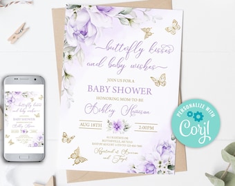 Edytowalne Fioletowe Złote Motyle Zaproszenie na Baby Shower Buziaki Motyla i Życzenia dla Dziecka Zaproszenie na Baby Shower Posypka 0164