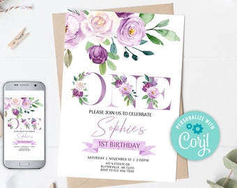 EDITABLE Purple Floral First Birthday Invitation, Lavender Invitations, Lilac 1st Birthday Invitation, Girl Violet Birthday Invitation 0128