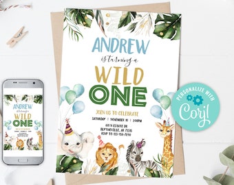 Inbjudan till Wild One Safari-födelsedag, djungeldjur, redigerbar mall