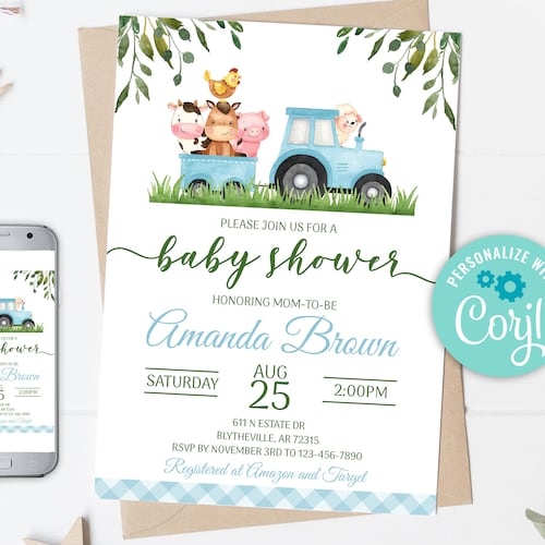Editable Farm Animal Baby Shower Invitation Set Blue Farm Baby Etsy