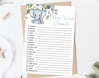 Jeu de mots mêlés pour baby shower sur le thème de l'éléphant bleu (téléchargement numérique)