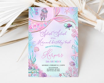 Editable Mermaid Birthday Invitation Mermaid Under The Sea Birthday Party Pink Mermaid Tail Invitation Whimsical Mermaid Birthday Party 0198