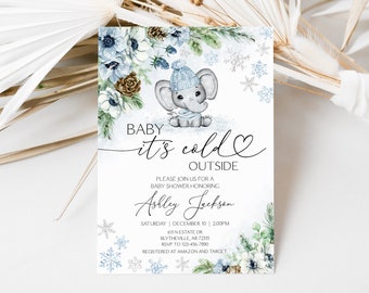 Editable Winter Elephant Baby Shower Invitation Elephant Baby It's Cold Outside Invitation Winter Wonderland Baby Shower Invitation 0183