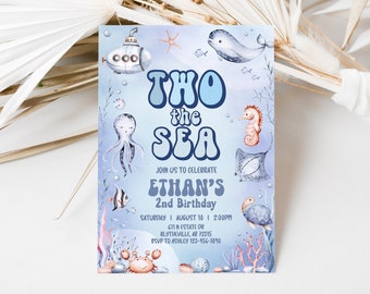 Bewerkbare jongen twee de zee 2e verjaardag uitnodiging voor feest Oceaan dieren uitnodiging voor feest nautische verjaardag onder de zee uitnodiging 0204