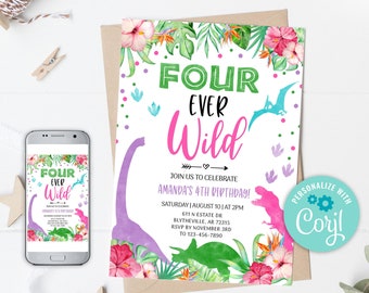 EDITABLE Four Ever Wild Birthday Invitation, Girl Dinosaur Birthday Invitation, Dino Birthday Invite Pink Fourever Dinosaur Invitation 0207
