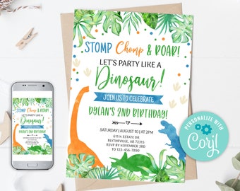 Editable Boy Dinosaur Birthday Invitation, Wild One (Digital Download)