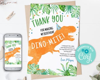 Watercolor Dinosaur Thank You Card, Editable Dino Birthday (Digital Download)