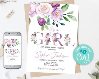 EDITABLE Lilac Floral Baby Shower Invitation, Girl Purple Baby Shower Invitation,  Blush Lavender Floral Baby Shower Invitation 0128