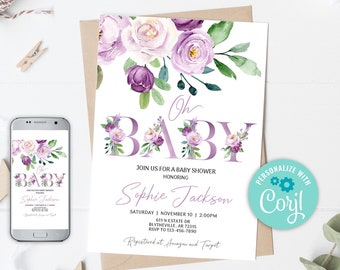 Lilac Floral Baby Shower Invitation, Editable Purple Girl (Digital)