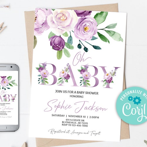 Paper & Party Supplies EDITABLE Lilac Floral Baby Shower Invitation