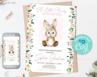 Editable Bunny Baby Shower Invitation Girl Bunny Baby Shower Invitation Pink Floral Baby Shower Invitation Pink Bunny Invitation 0146