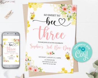 Editable 3rd Bee Birthday Invitation Bumble Bee Birthday Party 3rd Bee Day Honey Bee Birthday Invite Bee Invitation Sweet to Bee Three 0148