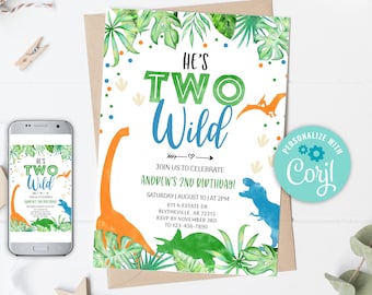EDITABLE Two Wild Birthday Invitation Boy  Dinosaur Birthday Invitation Dino 2nd Birthday Invite Blue Dinosaur Birthday Invitation 0109