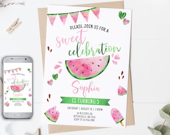 Editable Watermelon Birthday Invitation, Pink Summer Party (Digital Download)