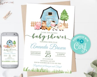 Editable Farm Baby Shower Invitation Blue Farm Animals Baby Shower Invite Boy Barnyard Baby Shower Blue Boy Farm Invitations 0227