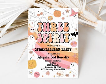 May include: A Halloween-themed invitation with the words "THREE SPIRIT" in retro font. The invitation includes illustrations of ghosts, pumpkins, and bats. The text reads "SPOOKTAGULAR PARTY" and details for Abigail's 3rd Boo-day.
